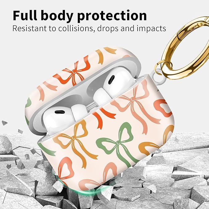 Compatible with Airpod pro 2nd/1st Generation Case Cover with Gold Round Keychain Cute Pattern Hard & Anti Slip Cover for Men Women & Girls（Colored Bow）