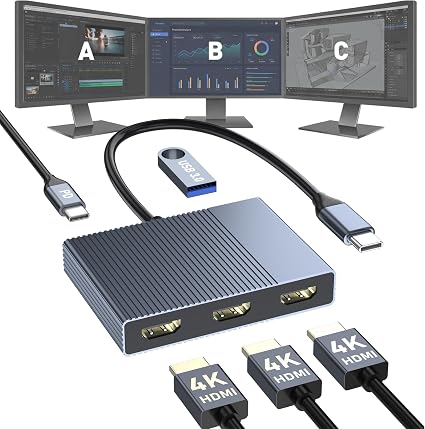 USB C to 3 HDMI Adapter with PD 100W/USB3.0, 4K@60Hz 3 Way HDMI Splitter Extended Display for 3 Monitors, Triple Monitor Docking Station for Dell/HP/Mac Laptop, SST/MST USBC Hub for Multiple Monitors