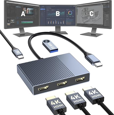 USB C to 3 HDMI Adapter with PD 100W/USB3.0, 4K@60Hz 3 Way HDMI Splitter Extended Display for 3 Monitors, Triple Monitor Docking Station for Dell/HP/Mac Laptop, SST/MST USBC Hub for Multiple Monitors