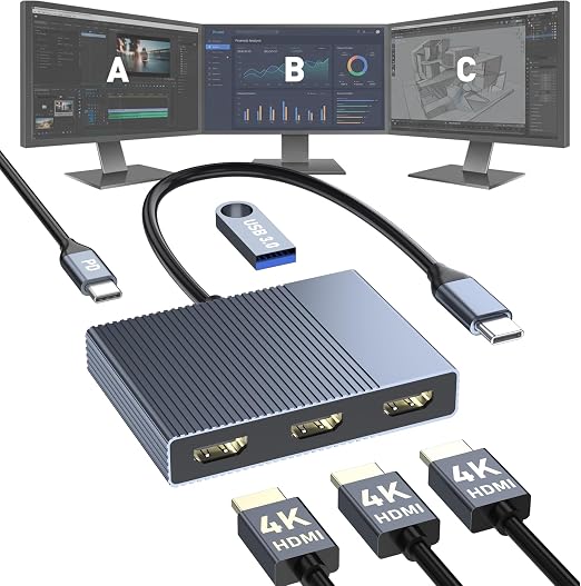 USB C to 3 HDMI Adapter with PD 100W/USB3.0, 4K@60Hz 3 Way HDMI Splitter Extended Display for 3 Monitors, Triple Monitor Docking Station for Dell/HP/Mac Laptop, SST/MST USBC Hub for Multiple Monitors