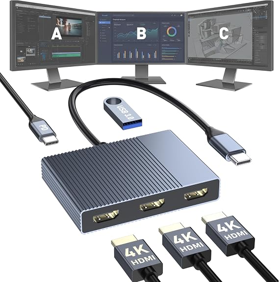 USB C to 3 HDMI Adapter with PD 100W/USB3.0, 4K@60Hz 3 Way HDMI Splitter Extended Display for 3 Monitors, Triple Monitor Docking Station for Dell/HP/Mac Laptop, SST/MST USBC Hub for Multiple Monitors