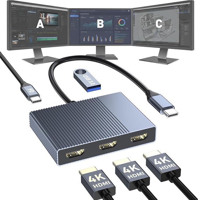 USB C to 3 HDMI Adapter with PD 100W/USB3.0, 4K@60Hz 3 Way HDMI Splitter Extended Display for 3 Monitors, Triple Monitor Docking Station for Dell/HP/Mac Laptop, SST/MST USBC Hub for Multiple Monitors