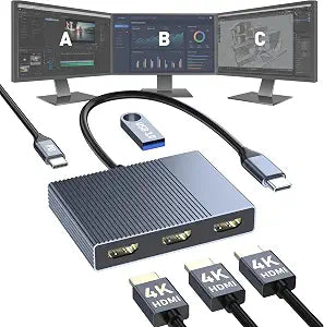 USB C to 3 HDMI Adapter with PD 100W/USB3.0, 4K@60Hz 3 Way HDMI Splitter Extended Display for 3 Monitors, Triple Monitor Docking Station for Dell/HP/Mac Laptop, SST/MST USBC Hub for Multiple Monitors