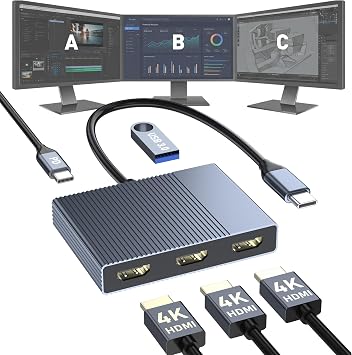 USB C to 3 HDMI Adapter with PD 100W/USB3.0, 4K@60Hz 3 Way HDMI Splitter Extended Display for 3 Monitors, Triple Monitor Docking Station for Dell/HP/Mac Laptop, SST/MST USBC Hub for Multiple Monitors