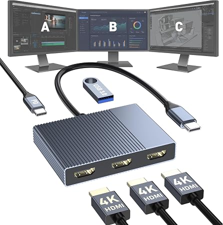 USB C to 3 HDMI Adapter with PD 100W/USB3.0, 4K@60Hz 3 Way HDMI Splitter Extended Display for 3 Monitors, Triple Monitor Docking Station for Dell/HP/Mac Laptop, SST/MST USBC Hub for Multiple Monitors
