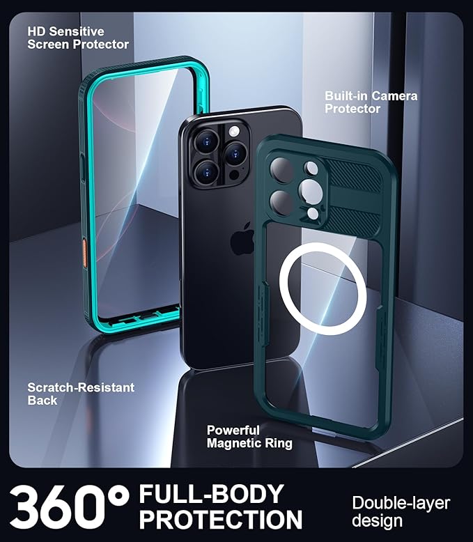 Red2Fire Magnetic for iPhone 16 Pro Case Waterproof, [Built-in Screen Protector][Compatible with MagSafe] [Full Body Shockproof] [Dustproof] Heavy Duty Rugged Phone Cover 6.3" Blue