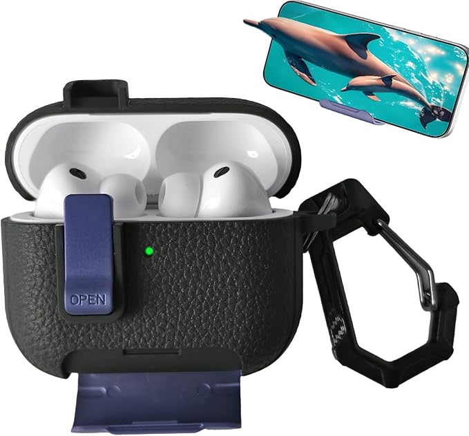 for Leather AirPods Pro 3 Case 2025| Cute Air Pods Pro 3 Case with Lock(Model A2700/A2931) | with Phone Holder & Keychain | Airpods 3 Pro Cases for Man Women(Blue Black)