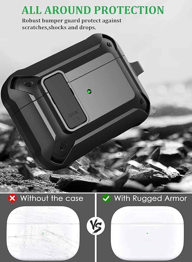 for Airpods Pro 3 Case with Magnetic Automatic Lock, Rugged Apple Airpods Pro 3rd Generation Cover 2025, Armor Shockproof iPod Pro3 Gen Protective Hard Shell with Carabiner&Cleaner kit, Black