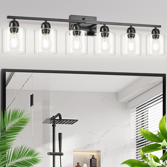 Bath Vanity Lights For Mirror, Restroom Lights Fixtures With Milky White Frosted Glass Shades,Bathroom Over Sink Light Fixtures, Bathroom Light Fixtures Over Mirror (Black with clear glass, 6-Light)
