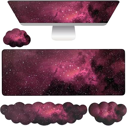Cloud Mouse Pad Keyboard Wrist Rest 4PCS Extended Large Galaxy Desk Mat Pad Set Memory Foam Non-Slip Cute Ergonomic Gaming Mouse Pad Wrist Support for Computer Laptop Home Office Black Pink