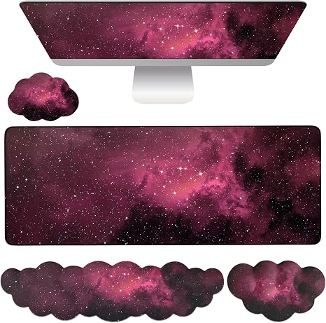 Cloud Mouse Pad Keyboard Wrist Rest 4PCS Extended Large Galaxy Desk Mat Pad Set Memory Foam Non-Slip Cute Ergonomic Gaming Mouse Pad Wrist Support for Computer Laptop Home Office Black Pink