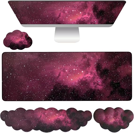 Cloud Mouse Pad Keyboard Wrist Rest 4PCS Extended Large Galaxy Desk Mat Pad Set Memory Foam Non-Slip Cute Ergonomic Gaming Mouse Pad Wrist Support for Computer Laptop Home Office Black Pink