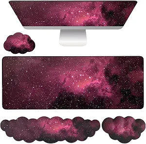 Cloud Mouse Pad Keyboard Wrist Rest 4PCS Extended Large Galaxy Desk Mat Pad Set Memory Foam Non-Slip Cute Ergonomic Gaming Mouse Pad Wrist Support for Computer Laptop Home Office Black Pink