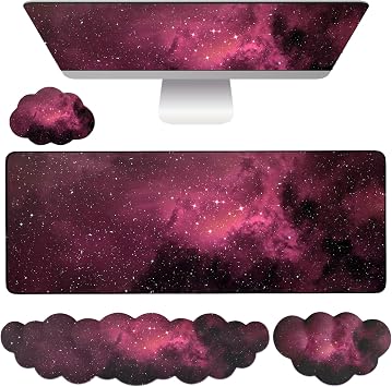 Cloud Mouse Pad Keyboard Wrist Rest 4PCS Extended Large Galaxy Desk Mat Pad Set Memory Foam Non-Slip Cute Ergonomic Gaming Mouse Pad Wrist Support for Computer Laptop Home Office Black Pink