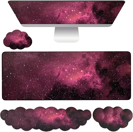 Cloud Mouse Pad Keyboard Wrist Rest 4PCS Extended Large Galaxy Desk Mat Pad Set Memory Foam Non-Slip Cute Ergonomic Gaming Mouse Pad Wrist Support for Computer Laptop Home Office Black Pink