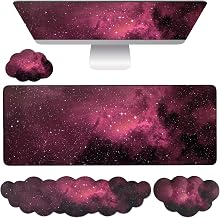 Cloud Mouse Pad Keyboard Wrist Rest 4PCS Extended Large Galaxy Desk Mat Pad Set Memory Foam Non-Slip Cute Ergonomic Gaming Mouse Pad Wrist Support for Computer Laptop Home Office Black Pink - Image 1