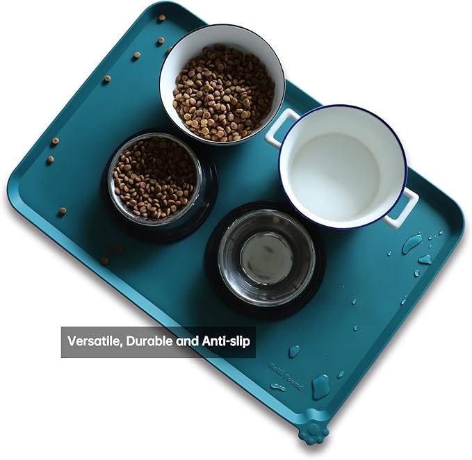 Hoki Found Large Silicone Pet Food Mats Tray - Non Slip Pet Dog Cat Bowl Mats Placemat - Dog Pet Cat Feeding Mat - Waterproof Dog Cat Food Mats -Pet Water Mats for Carpet - Sicilian Ocean
