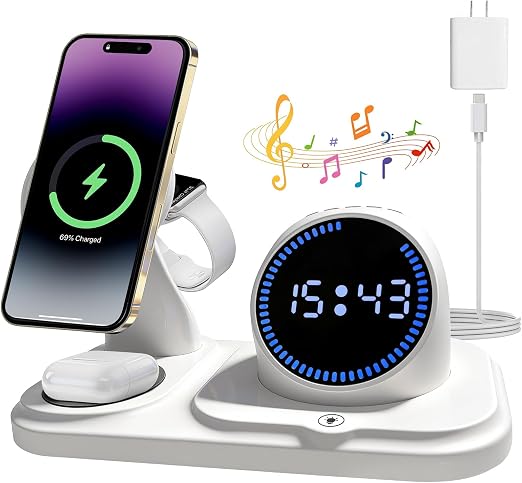 6-in-1 Wireless Charging Station with Bluetooth Speaker,Digital Clock and Ambient Lights,Fast Wireless Charger for Multiple Devices for Apple - iPhone 17 16 15 14 13 12 Pro Max Apple Watch Airpods