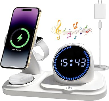 6-in-1 Wireless Charging Station with Bluetooth Speaker,Digital Clock and Ambient Lights,Fast Wireless Charger for Multiple Devices for Apple - iPhone 17 16 15 14 13 12 Pro Max Apple Watch Airpods