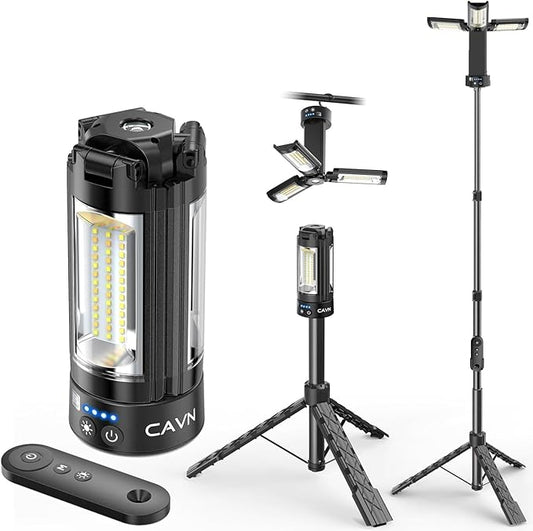 CAVN Rechargeable Camping Lights with Remote & Detachable Tripod Max Height 6.7 ft, Portable Work Light with 3 LED Lamp Heads, Camping Essentials Gear Emergency Flashlight with Hook, Black