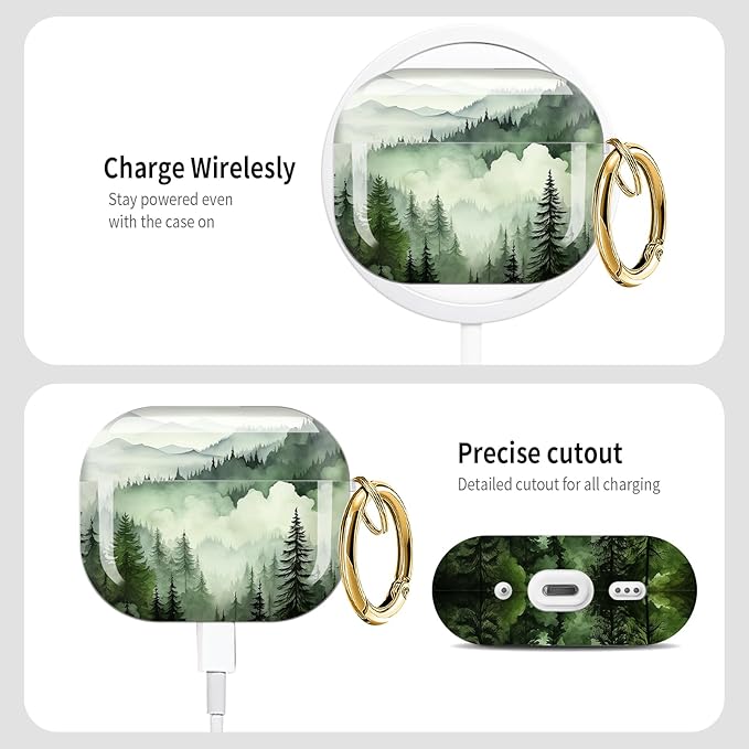 Cute Hard Case Compatible with AirPods Pro 3rd Generation Case (2025), Shockproof Protective Cover with Golden Keychain Ring Clip (Green Mountain)