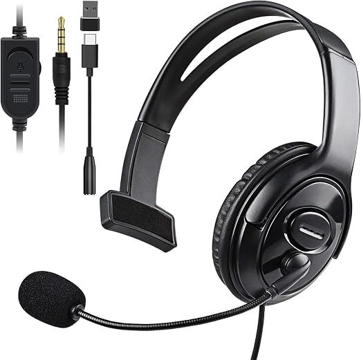 Wired Single Ear Headset with 3.5mm Jack & USB-C & USB-A Adapter for PS5, PS4, Xbox, Switch, PC, iPhone, iPad, Android - Unilateral Mono Headphone for Gaming, Call Center, Remote Work, Online Classes