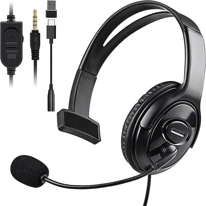 Wired Single Ear Headset with 3.5mm Jack & USB-C & USB-A Adapter for PS5, PS4, Xbox, Switch, PC, iPhone, iPad, Android - Unilateral Mono Headphone for Gaming, Call Center, Remote Work, Online Classes