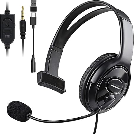 Wired Single Ear Headset with 3.5mm Jack & USB-C & USB-A Adapter for PS5, PS4, Xbox, Switch, PC, iPhone, iPad, Android - Unilateral Mono Headphone for Gaming, Call Center, Remote Work, Online Classes