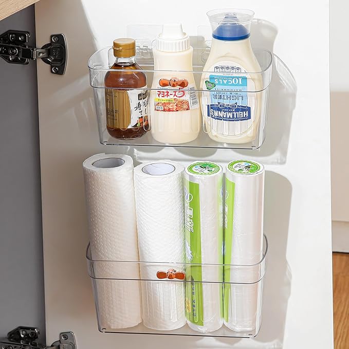 2 Pack Adhesive Cabinet Door Organizer, Compact Kitchen Under Sink Organizer, Clear Lid Storage Container for Pantry Shelves, Wall Mounted Bathroom Shower Caddy Hanging Closet Organizer