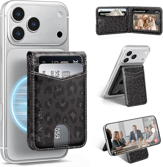 Compatible with Magsafe Case with Card Holder for Men Women Magnetic Ultra-Thin Wallet Bracket Adjustable Bracket for iPhone 17/16/15/14/13/12 Pro/Pro Max/PlusSeries,Leopard-Black