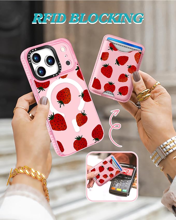 Toycamp for iPhone 17 Pro Max Case - Compatible with Magsafe Credit Card Holder Wallet Magnetic Cute Women Teen Girls Kawaii Girly Unique Strawberry Design Phone Cover for Apple 17 Promax