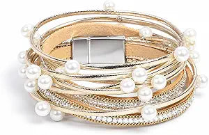Artilady Leather Wrap Bracelet for Women, Pearl Beaded Bangle Stack Jewelry