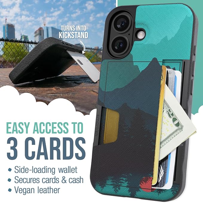 Smartish® iPhone 16 Wallet Case - Wallet Slayer Vol. 2 [Slim + Protective] Credit Card Holder w/Kickstand - Drop Tested Hidden Card Slot Cover Compatible w/Apple iPhone 16 - Moving Mountains