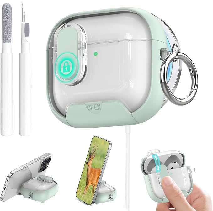 for Airpods 4 Case Clear,Secure Lock for Airpods 4th Generation Case Cover with Phone Stand and Magsafe Function,Auto Pop-up,Hybrid Protection Design with Carabiner&Cleaning Pen-Green