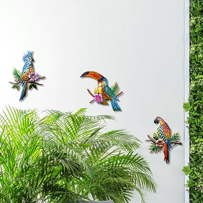 Voumsil 3 PCS Metal Birds Wall Decor Parrot Toucans Tropical Wall Art Outdoor Wall Sculpture for Patio Balcony Garden Fence Wall Decor for Bedroom Living Room Indoor Wall Hanging