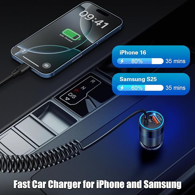 USB C Car Charger, 38W Dual Ports USBC & USB-A Cigarette Lighter Adapter Fast Charging Phone Plug with Bulit-in 1.2m Coiled Cable for iPhone 17 Pro Max,16,16e,15, 14, 13, Galaxy S25, S24, Pixel 7