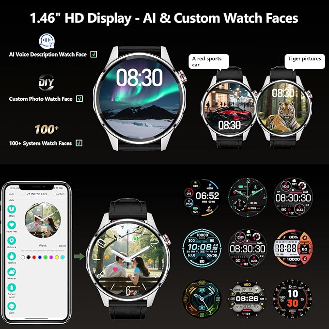 Smart Watch for Men Built-in GPS with Map(Answer/Make Call/Text), 1.46" AI Smartwatch for Android Phones/iPhone, 100+ Sport Mode Fitness Tracker with Health/Sleep Monitor, Compass/Barometer(2 Straps)