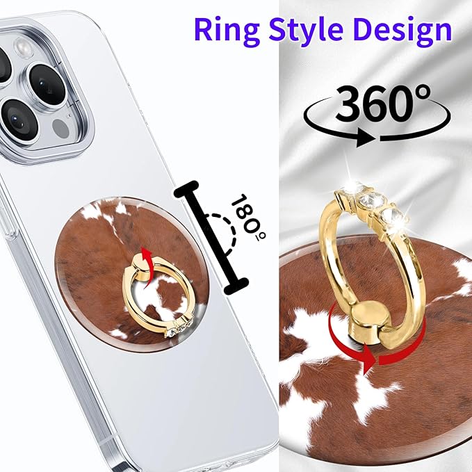 Magnetic Phone Ring Holder Compatible with MagSafe, Cute Phone Grip Stand with 360° Rotation Gold Glitter Finger Ring Kickstand Accessories for Most Phones Brown White Cowhide