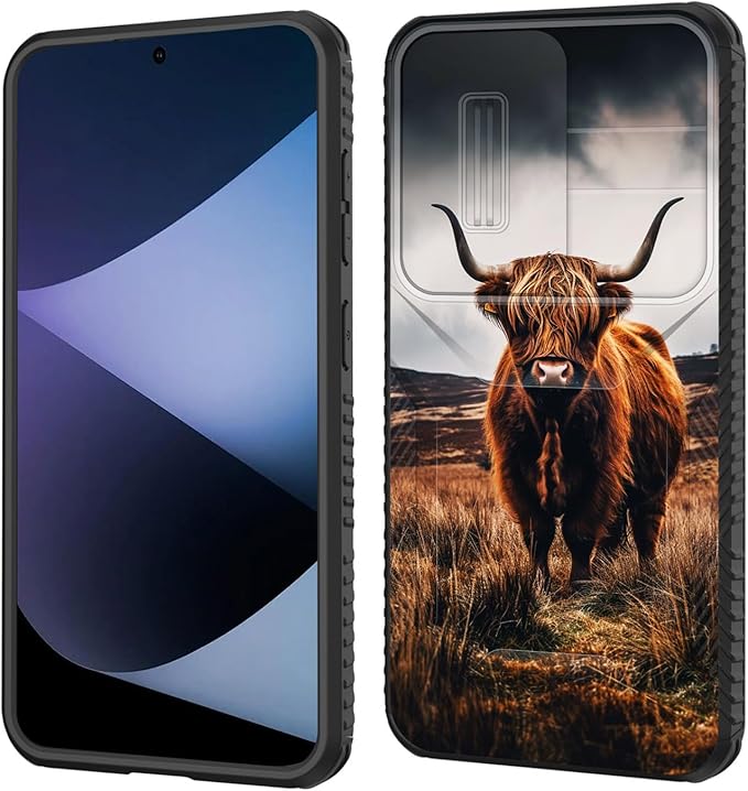 for Galaxy S25 FE Case Built in Slide Camera Lens Cover,Heavy Duty Shockproof Protection Dual Layer Case for Samsung Galaxy S25 FE 6.7" 2025,Brown Highland Cow