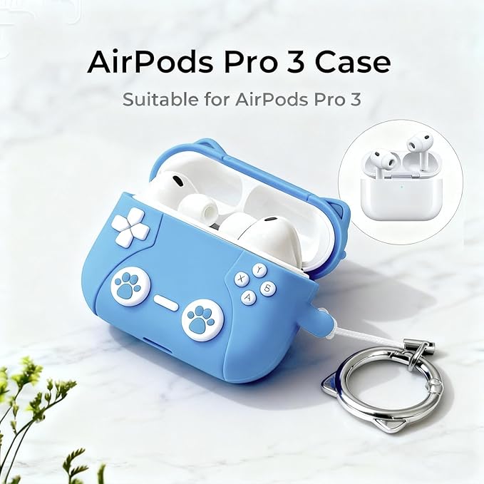 for Airpods Pro 3 Case 2025,Cute 3D Game Console Design for Air pod Pro 3 Cover with Keychain Shockproof Protective Soft Silicone Case for Airpods Pro 3 Gen for Women Girls (Blue Cat)