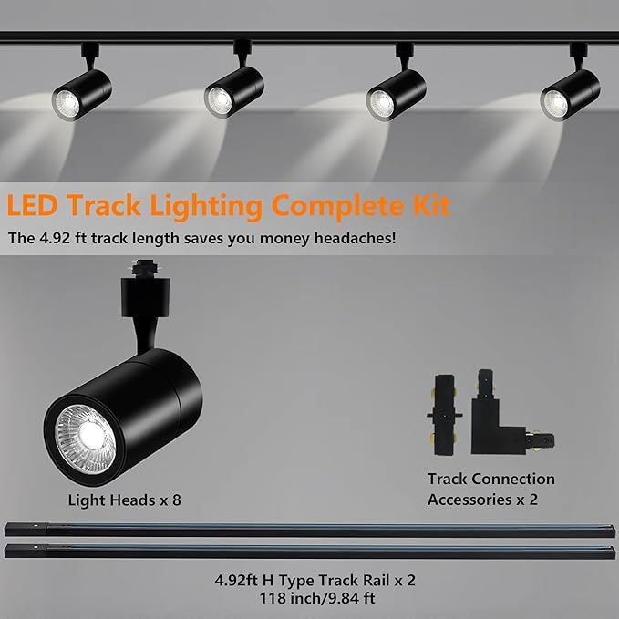 Super-Bright H Type Track Lighting Heads Kit,3000K Warm Black Adjustable Angled Track Light,8 Heads 25W 2700lm Brightness Lighting System with 9.8ft (4.92 * 2) Track Rail