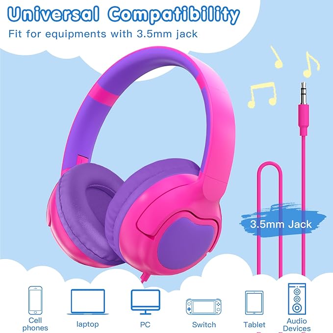 ZIHNIC Wired Kids Headphones, Safe 85dB Volume Limit for Boys & Girls, Comfortable Earpads, Foldable Design for School, Tablets, and Travel-Rose RED
