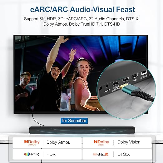 8K HDMI ARC/eARC Cable for Soundbar to TV 10FT, eARC HDMI 2.1 Cable, High Speed HDMI Cord 48Gbps 8K@60Hz, 4K@120Hz (Dolby Atoms, HDCP 2.2&2.3, 3D, HDR10) for Sound bar, Roku TV, PS5, Blu-ray