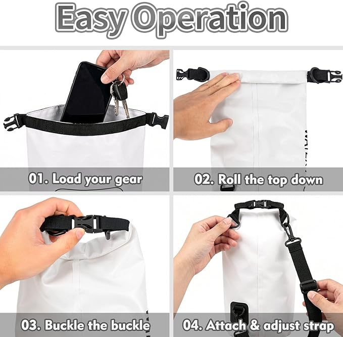 Waterproof Dry Bag 2L, IPX8 Roll Top Waterproof Belt Bag with Clear Phone Window, Phone Pouch Water Protector, Boat & Kayak Accessories, Essentials for Cruise Camp Swim Beach Fish Travel (White)
