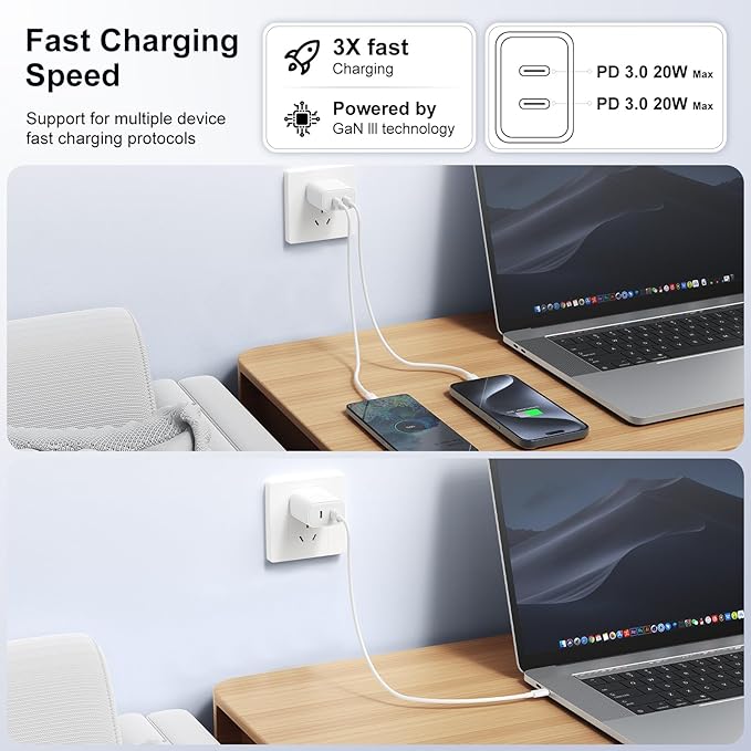 40W Total Dual USB C Charger,2-Port 20W Fast USB C Power Adapter Wall Charger Plug Type C Charging Block for Laptop Computer & Tablets/Phones iPhone 16/15/14/13/,(20W Per Port / 40W Combined)
