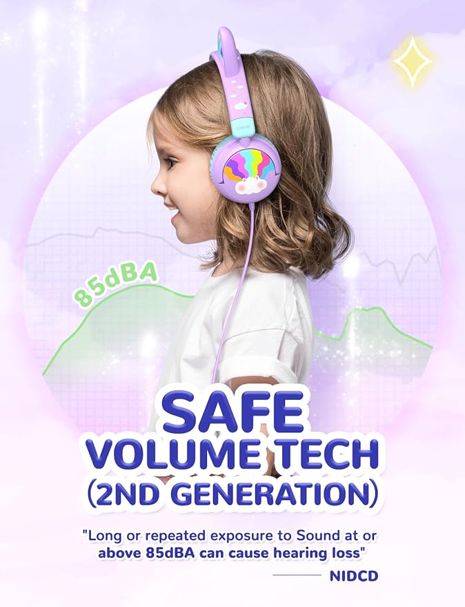 iClever Kids Headphones USB C, LED Light Up, 85dBA Safe Volume, Stereo Sound Toddler Headphones for Travel School, Kids Headphone with Cord for iPad Tablets, Meow Lollipop-Purple