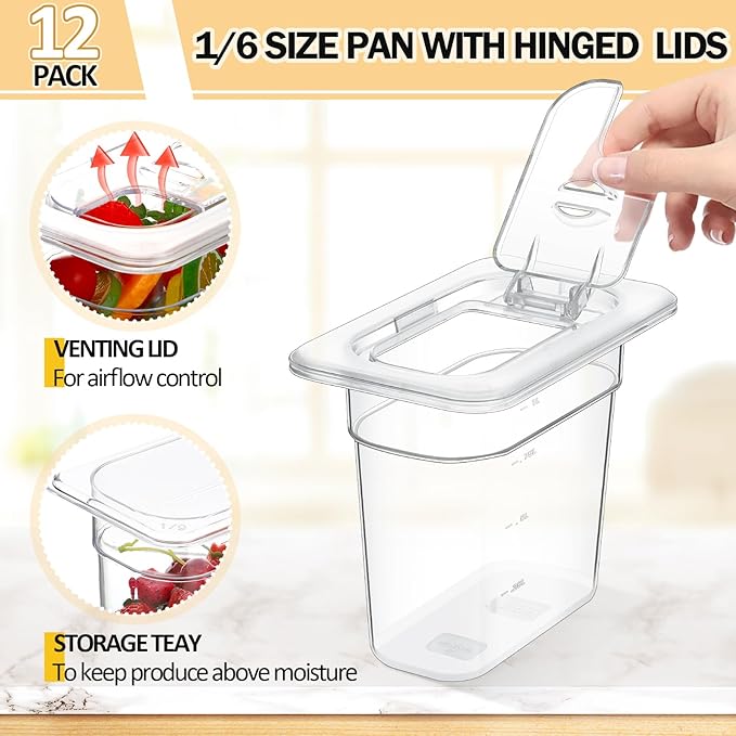 Geetery 12 Pack 1/9 Size 6'' Deep Polycarbonate Food Storage Containers with Lid Clear Stackable Plastic Food Pan Restaurant Commercial Storage Containers with Hinged Lids for Hotel Supplies