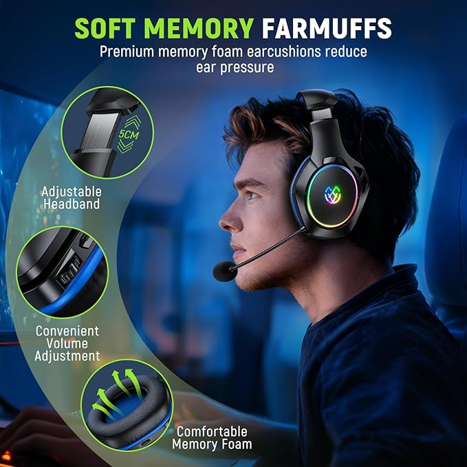 Wireless Gaming Headset for Ps5, Ps4, Pc with 7.1 Surround Sound, 360° Adjustable Microphone, 40H+ Battery, 2.4GHz USB & Type-C – Compatible with Switch, Laptop, Mac, Mobile Phone