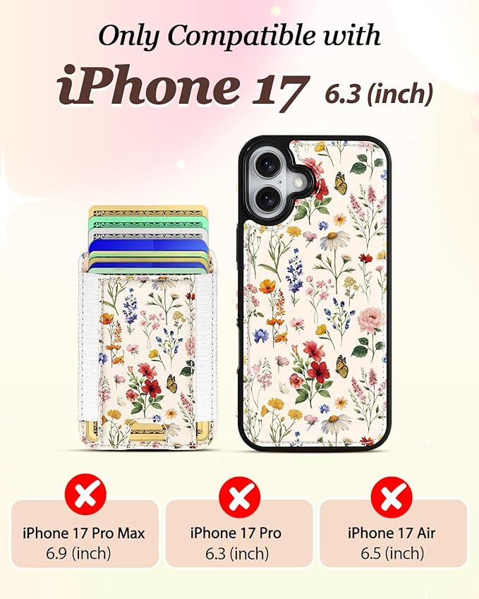 Shorogyt for iPhone 17 Wallet Case - Fits 5 Cards, Compatible with Magsafe Detachable Magnetic Credit Card Holder Leather Cardholder Cute Phone Cover Women Girls for Apple 17, Floral
