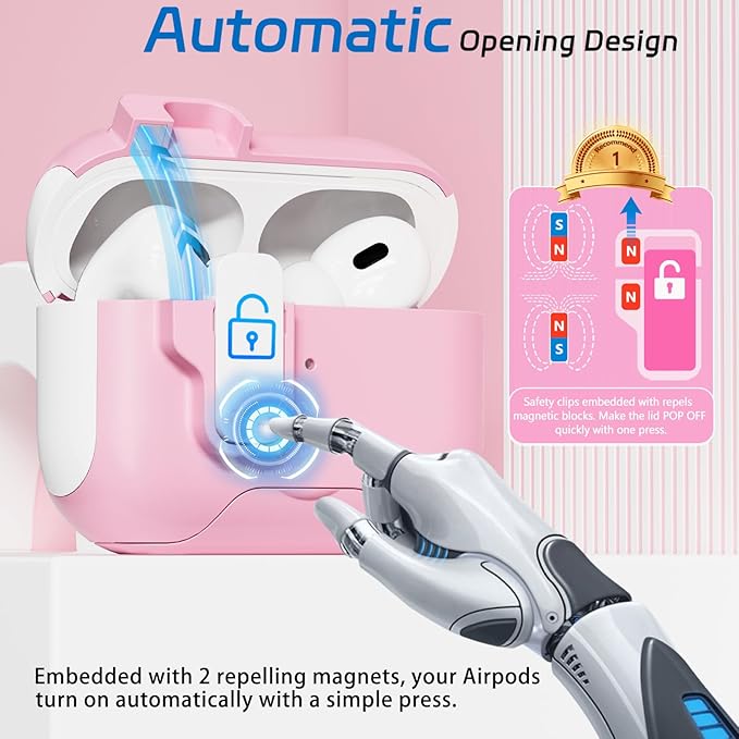 for AirPods Pro 2 Case with Safety Lock & Phone Stand, Auto Opening AirPods Pro Case Cover Compatible with Airpods Pro 2nd/1st Generation Cases for Women Girly with Cleaner,Lanyard, Drop Protective